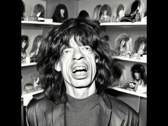 MICK JAGGER SHOWING OFF HIS WIG COLLECTION