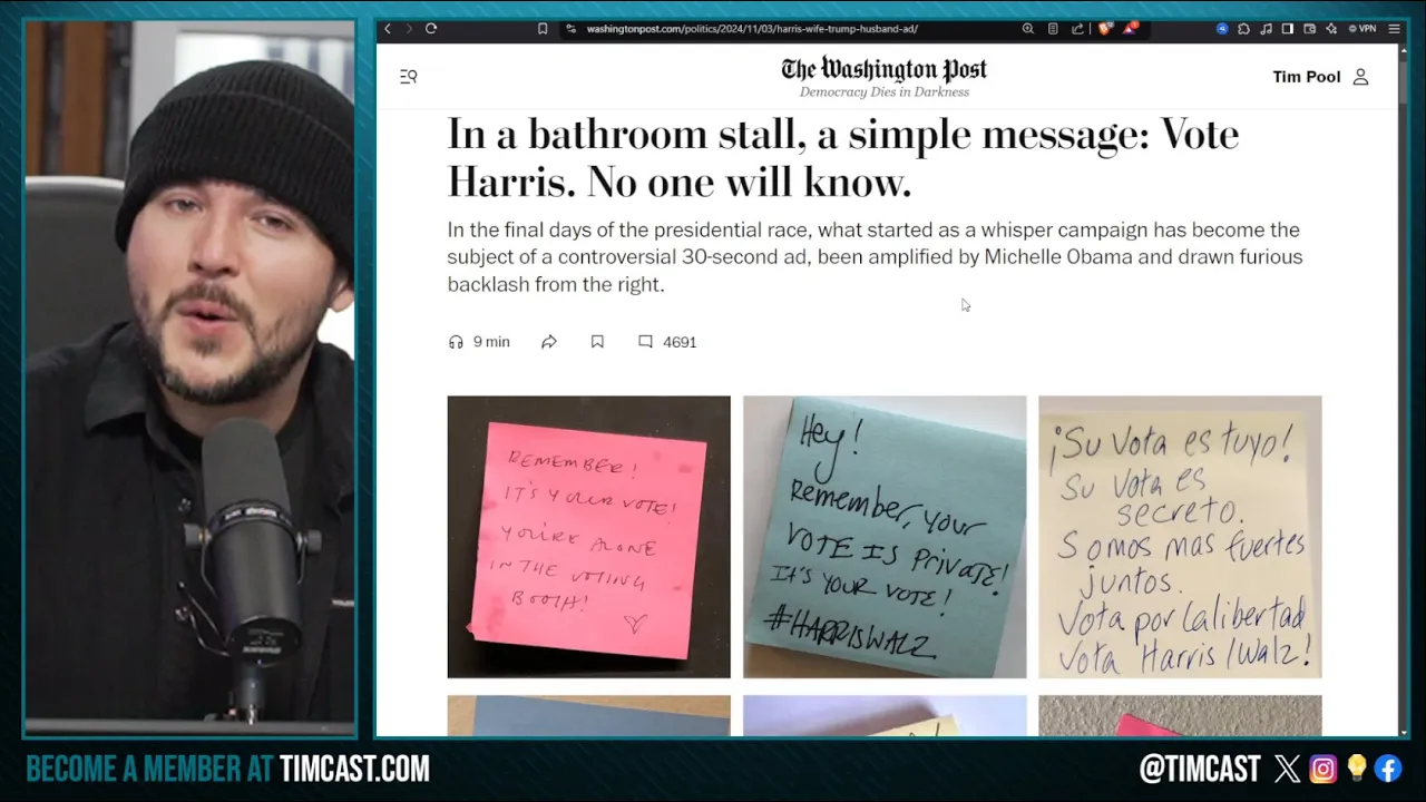 Women Start BATHROOM Post It Campaign Sayin LIE TO YOUR HUSBAND, VOTE KAMALA