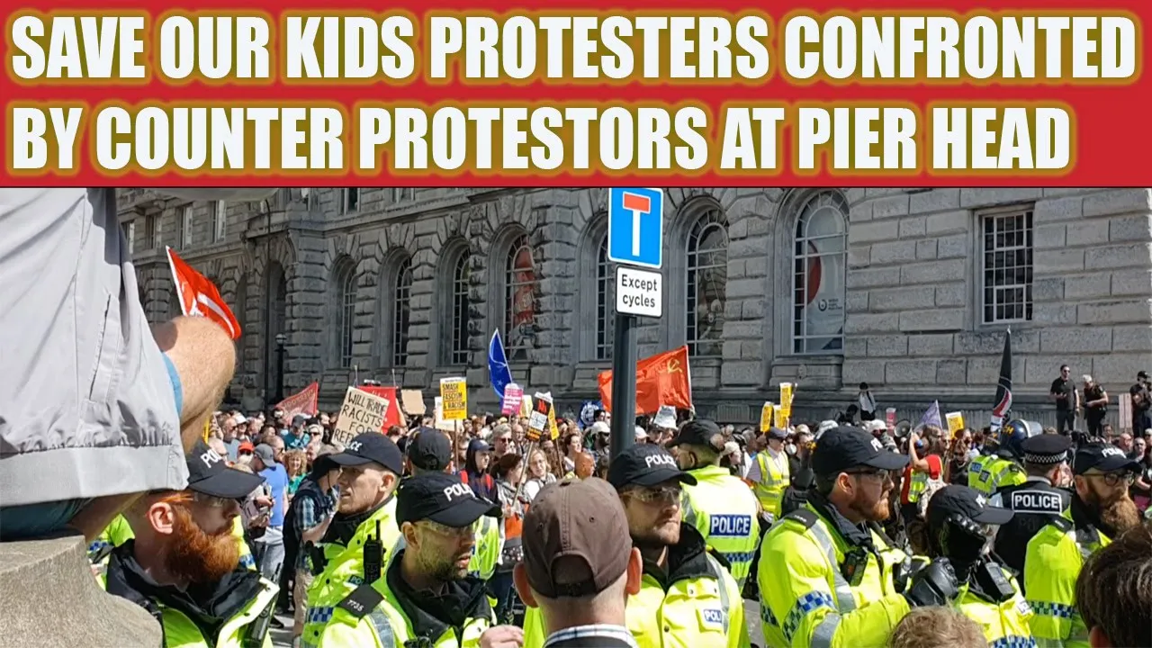 Liverpool Pier Head. Save our Kids protest confronted by counter protestors after peaceful afternoon