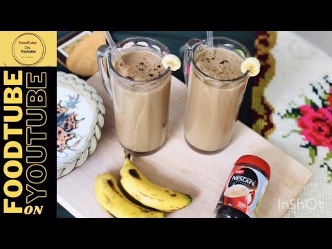 Banana coffee smoothie recipe. Energy booster. Tasty coffee with banana for breakfast.