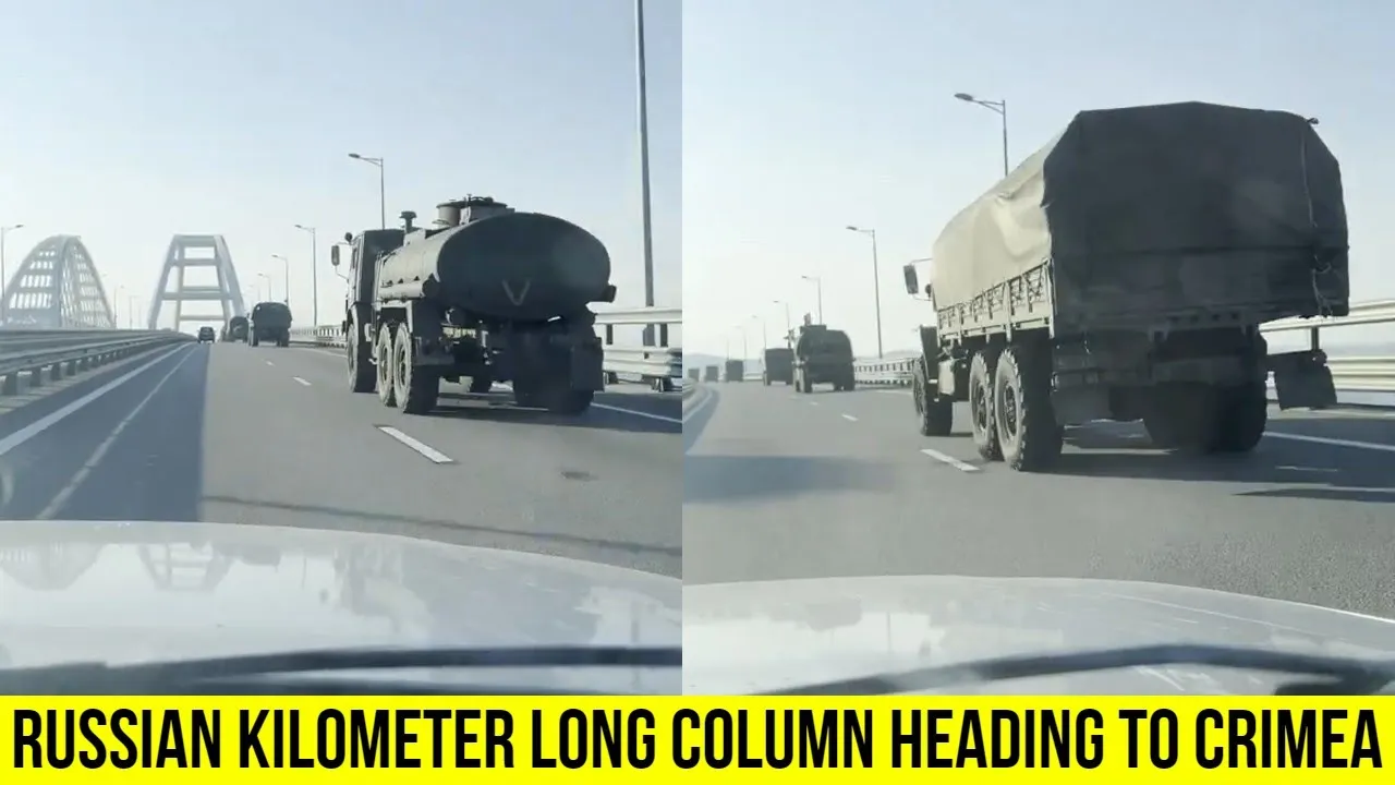 Russian kilometer long column of military equipment advancing in the direction of the Crimea.