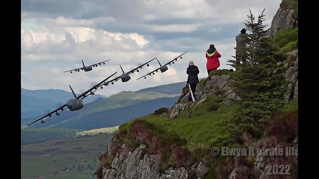 4 X USAF  MC-130 in close formation Low level in the Mach Loop