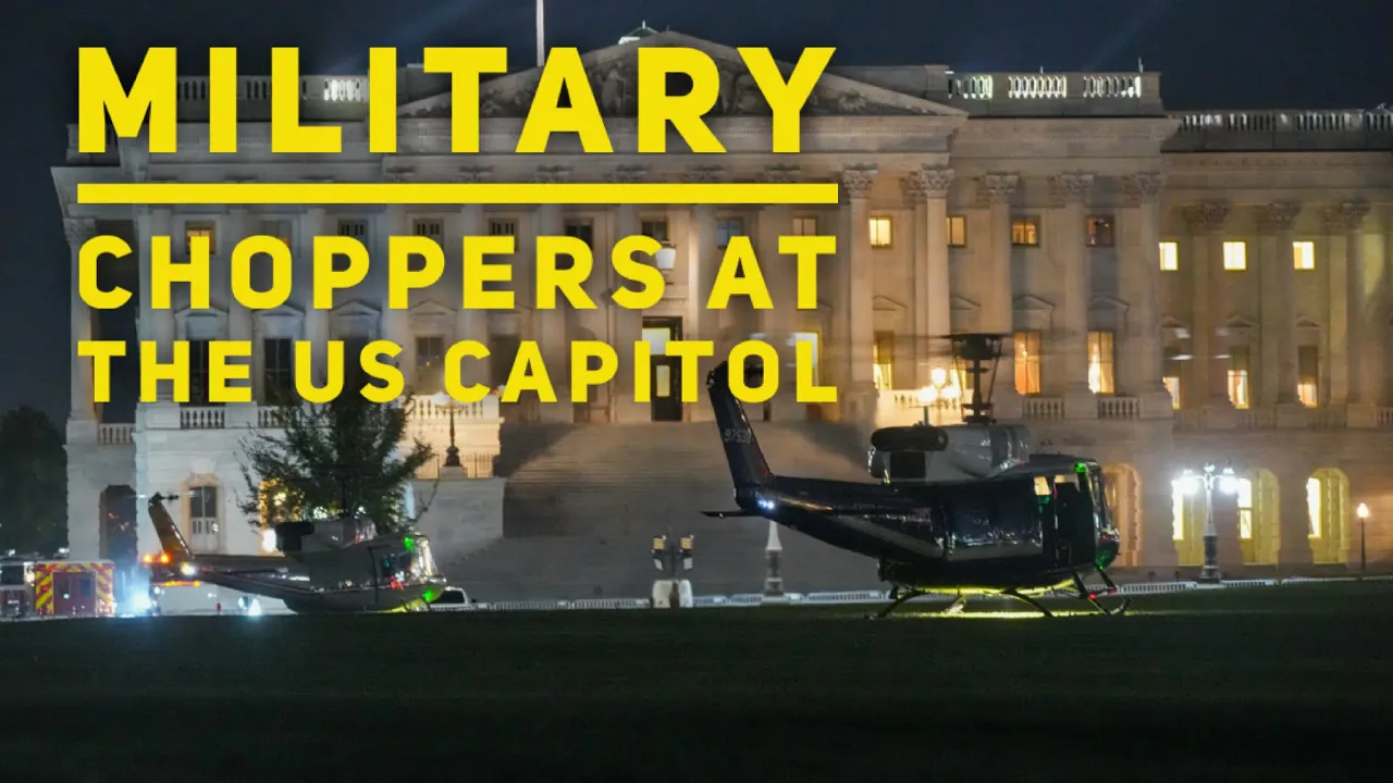 Military and police helicopters land at the US Capitol this evening.