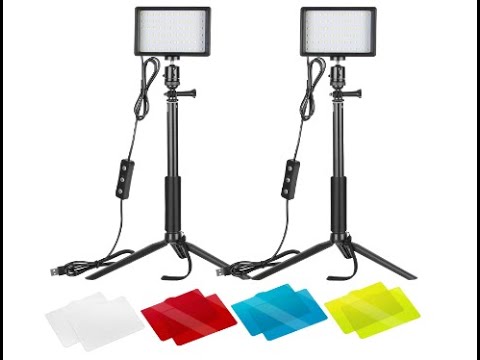 Neewer 2 pack dimmable 5600K USB LED video lights with tripods, stands and filters.