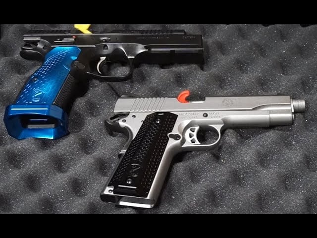 CZ Shadow 2 and Ruger SR1911 at the range with M-Arms Monarch 2 and President 3D grips.