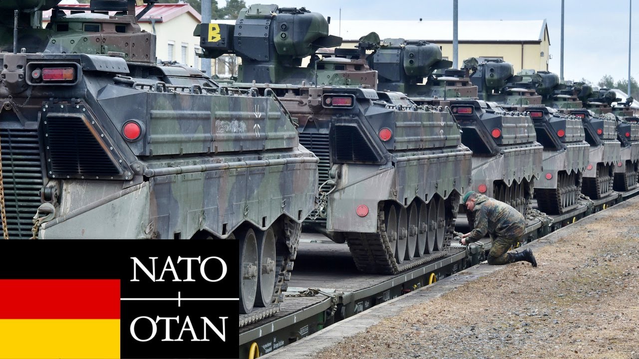 German Army, NATO. Powerful Leopard 2 tanks and armored vehicles of the German army in Lithuania.