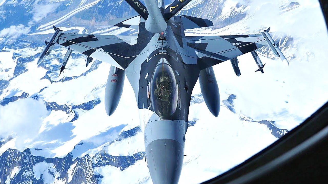 F-16 Aggressor In Cool New 'Splinter' Camouflage Refueling By KC-135 Over Alaska