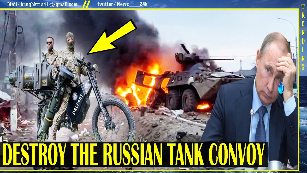 PUTIN humiliating to see Ukraine using E-BIKES bicycles to crush Russian attacking tank convoy.