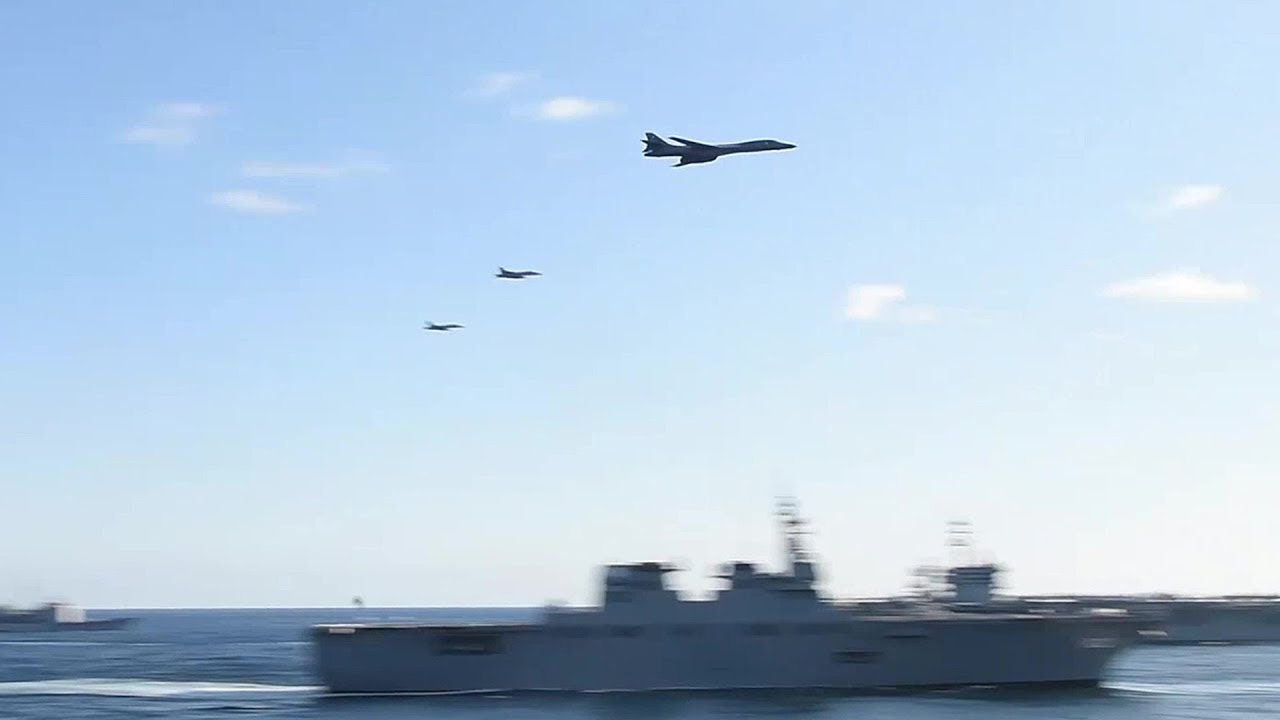 B-1 Bombers & F-18s Low-level Flyover – 3-Carrier US/Japan/Korea JOINT SHOW OF FORCE