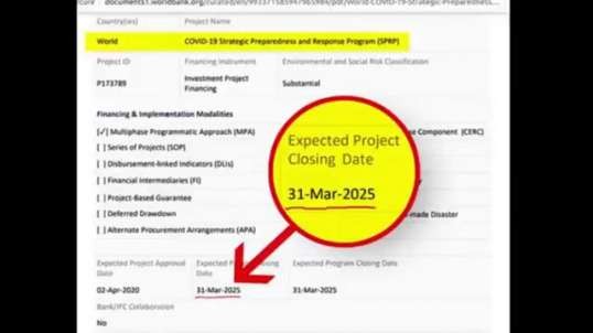 WORLD BANK LISTS COVID-19 AS A PROJECT RUNNING FROM 02 APR 2020 TO 31 MAR 2025