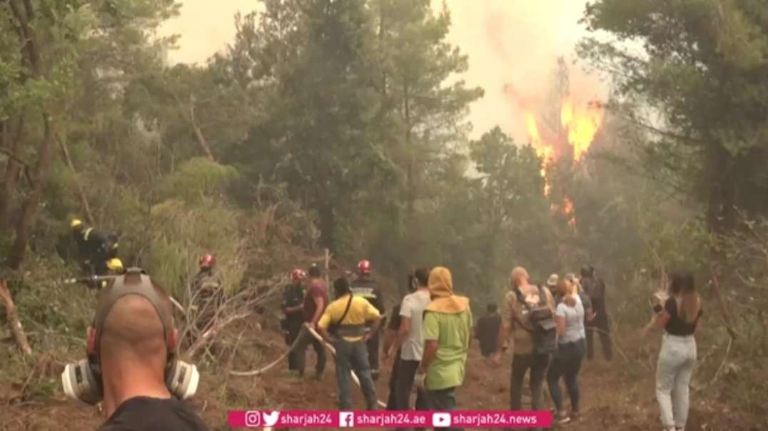 Fire burns as firefighters struggle to contain Greek fires.mp4