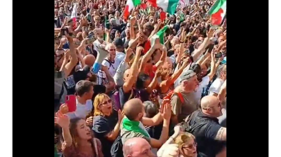Protests against vaccine passports in Rome—the crowd is chanting, “People like us never give up”