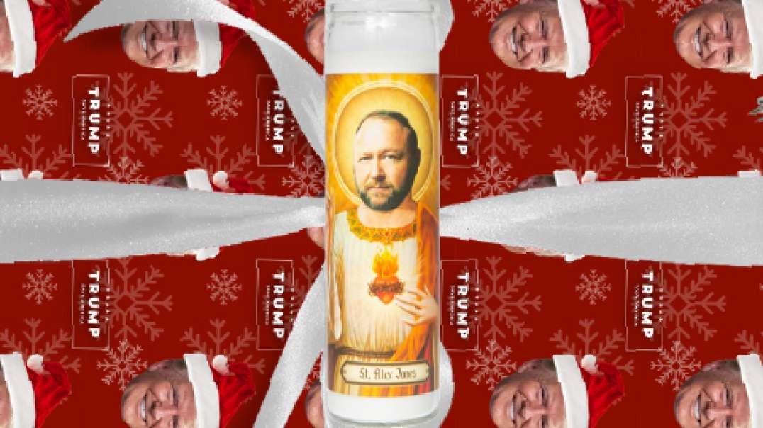 Perfect QAnon Gift: Alex Jones Prayer Candle Wrapped in Trump Christmas Paper
