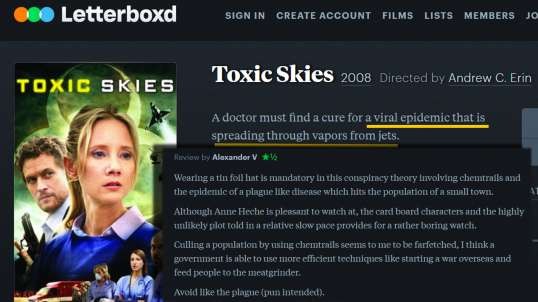 Toxic Skies (2008) -Anne Heche plays a WHO doctor fighting a pandemic spread by chemtrails
