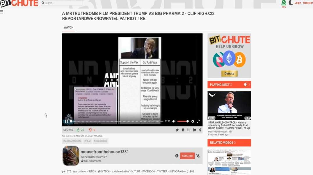 NR.5 - proof with 2389 views on ''mouse'' ex channel - BITCHUTE - on the file - A MrTruthBomb Film President Trump Vs BIG PHARMA 2 - Clif HighX22 ReportAndWeKnowPatel Patr