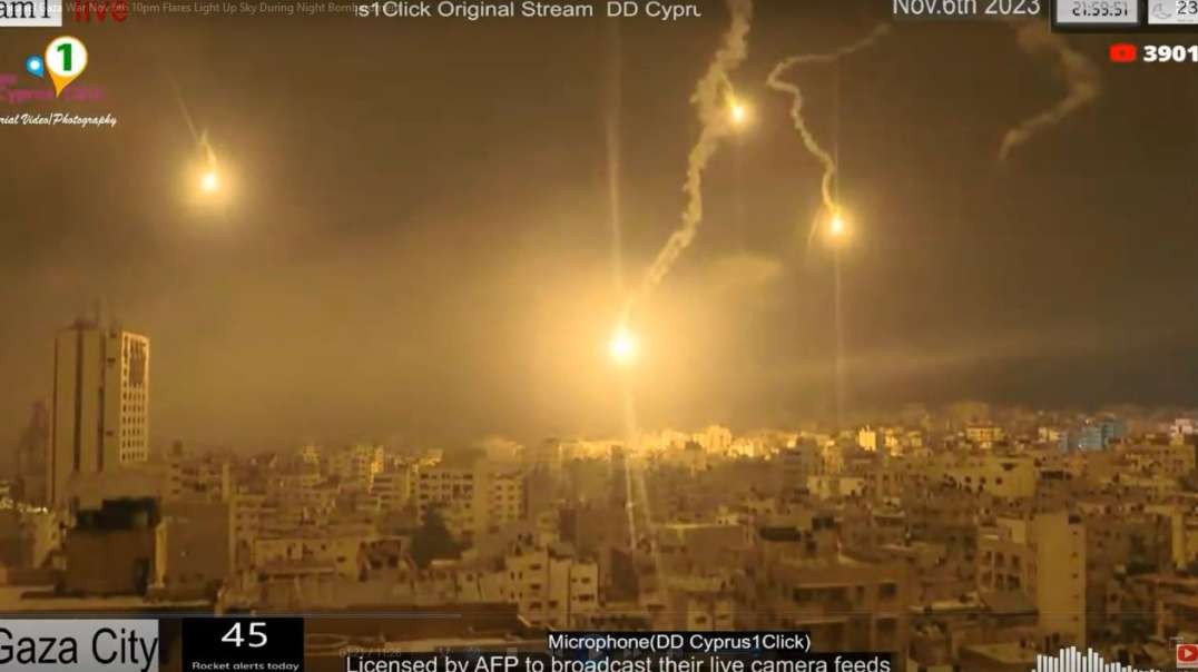 Israel Gaza War Nov 6th 10pm Flares Light Up The Sky During Night Bombardment.mp4