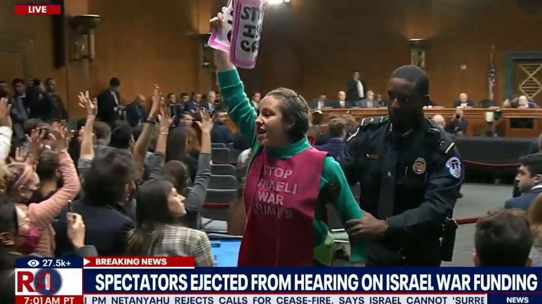 Israel Gaza War Anti War protesters dragged from Senate hearing on Israel war funding.mp4