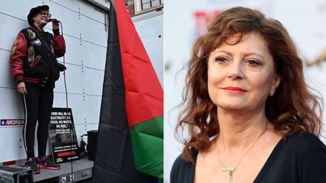 La actriz estadounidense Susan Sarandon durante la convocatoria global por Rafah en la ciudad de Nueva York Nadie es libre hasta que todos seamos libres Palestina libre Israel Palestina Gaza 