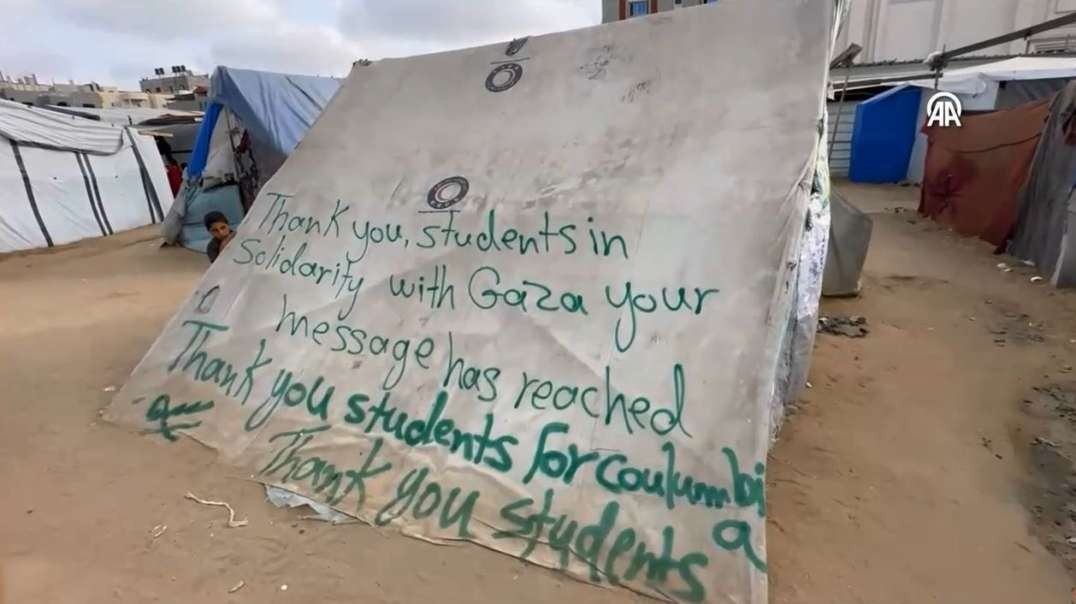 Rafah Gaza Tents Sprayed With Thank You students in solidarity with Gaza.mp4